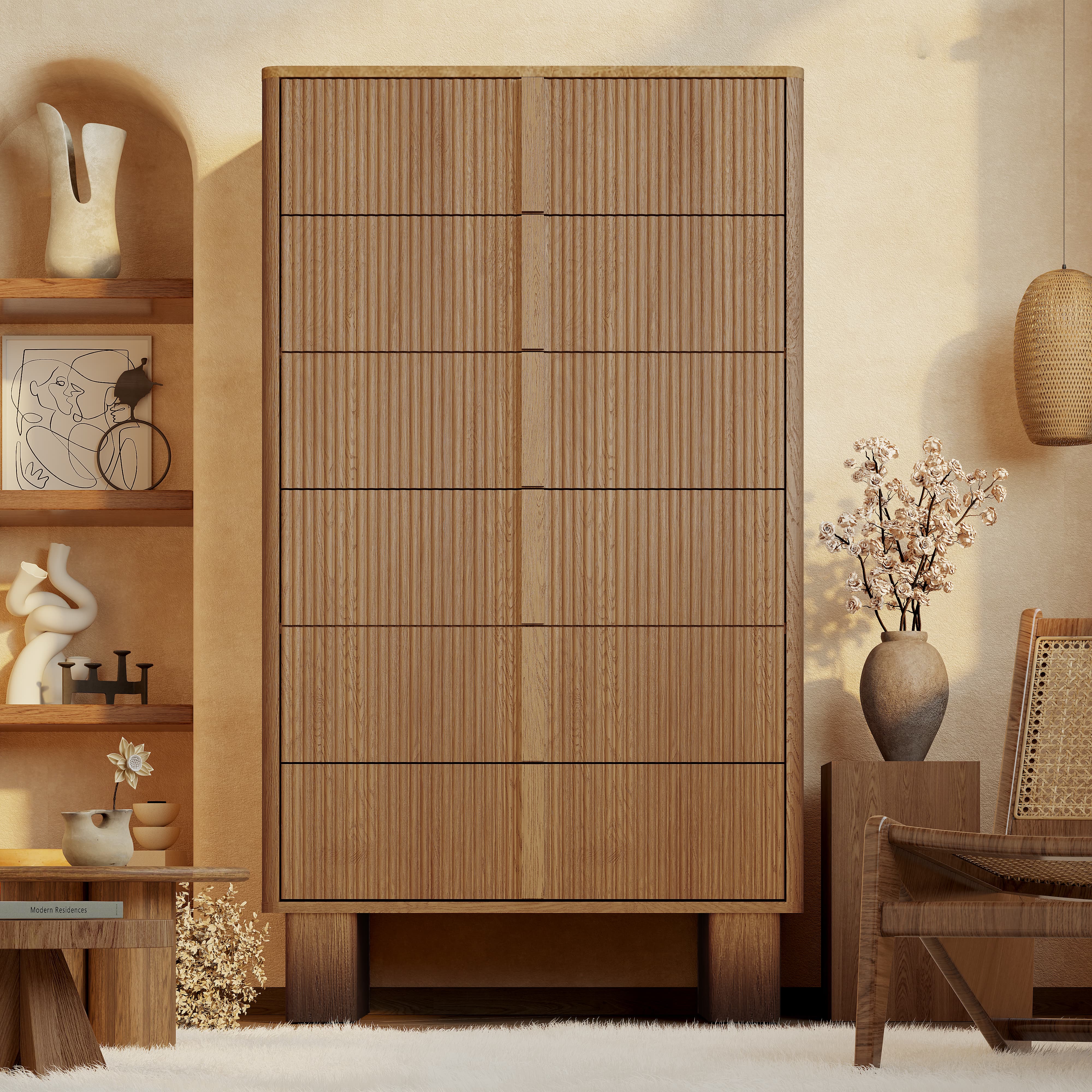 Fluted 6 Drawer Dressers for Bedroom, 51" Tall Modern Chests of Drawers with Wooden Handle