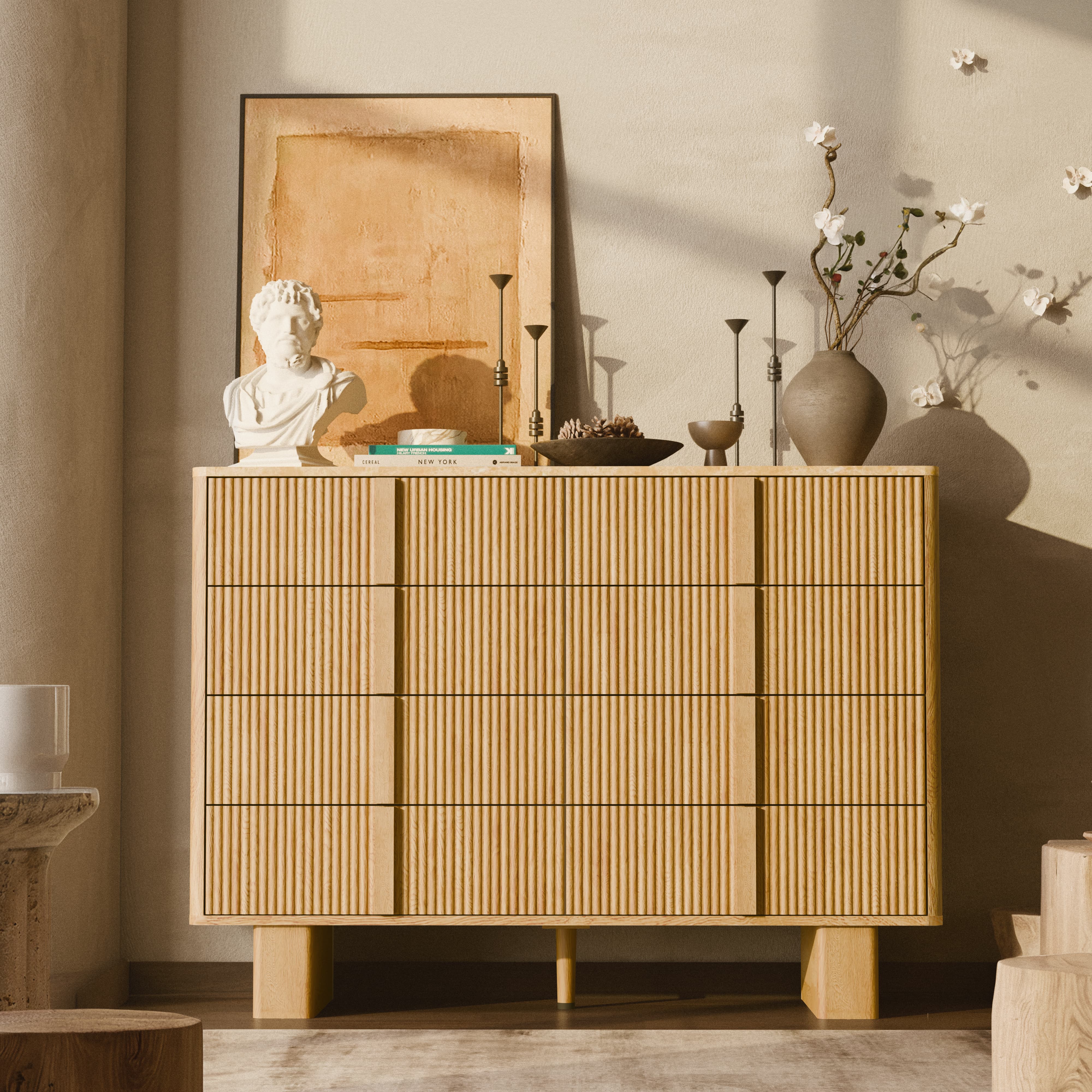 Fluted 8 Drawer Dressers for Bedroom, 47" Wide Modern Chest of Drawers with Wooden Handle