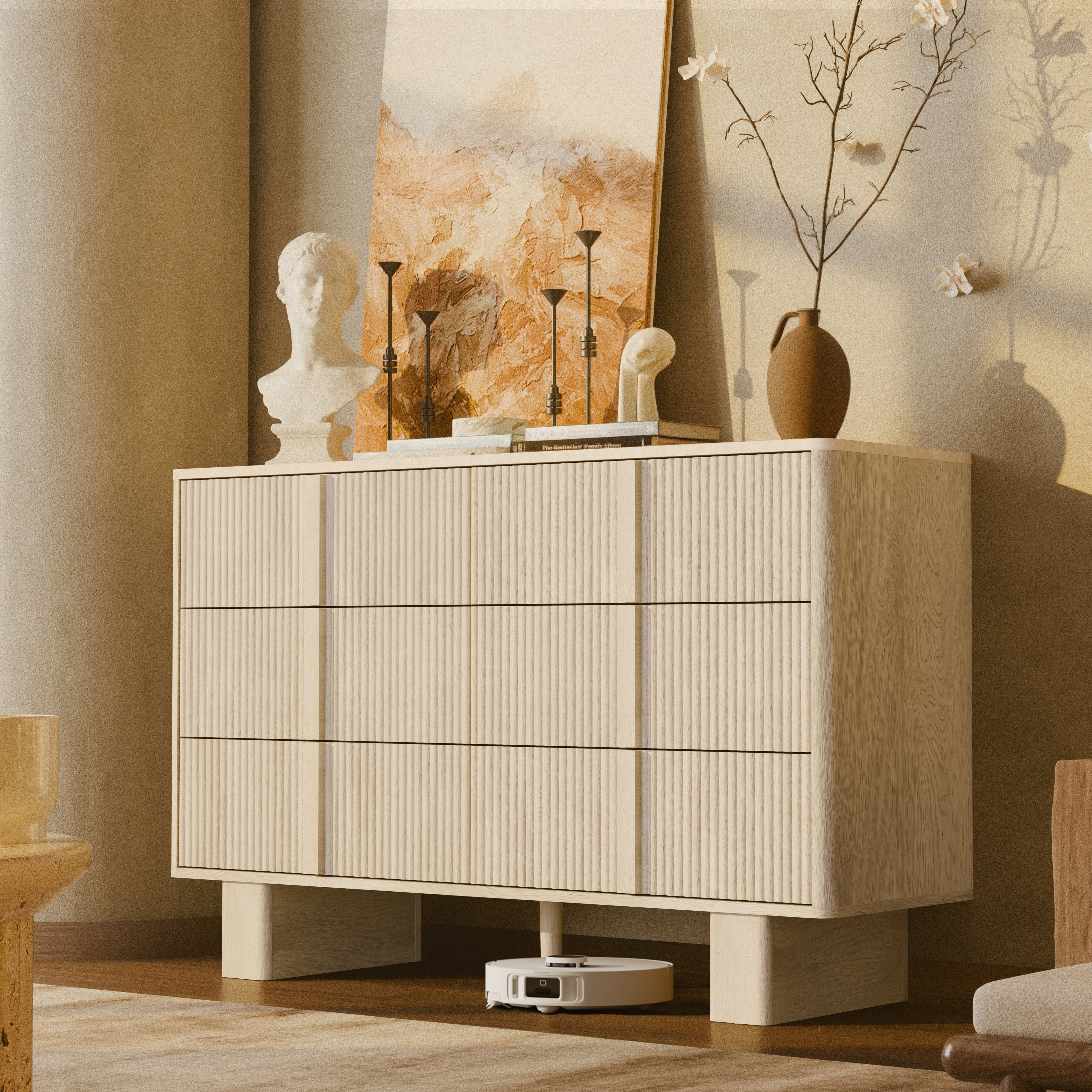 Fluted 6 Drawer Dressers for Bedroom, 47" Wide Modern Chest of Drawers with Wooden Handle