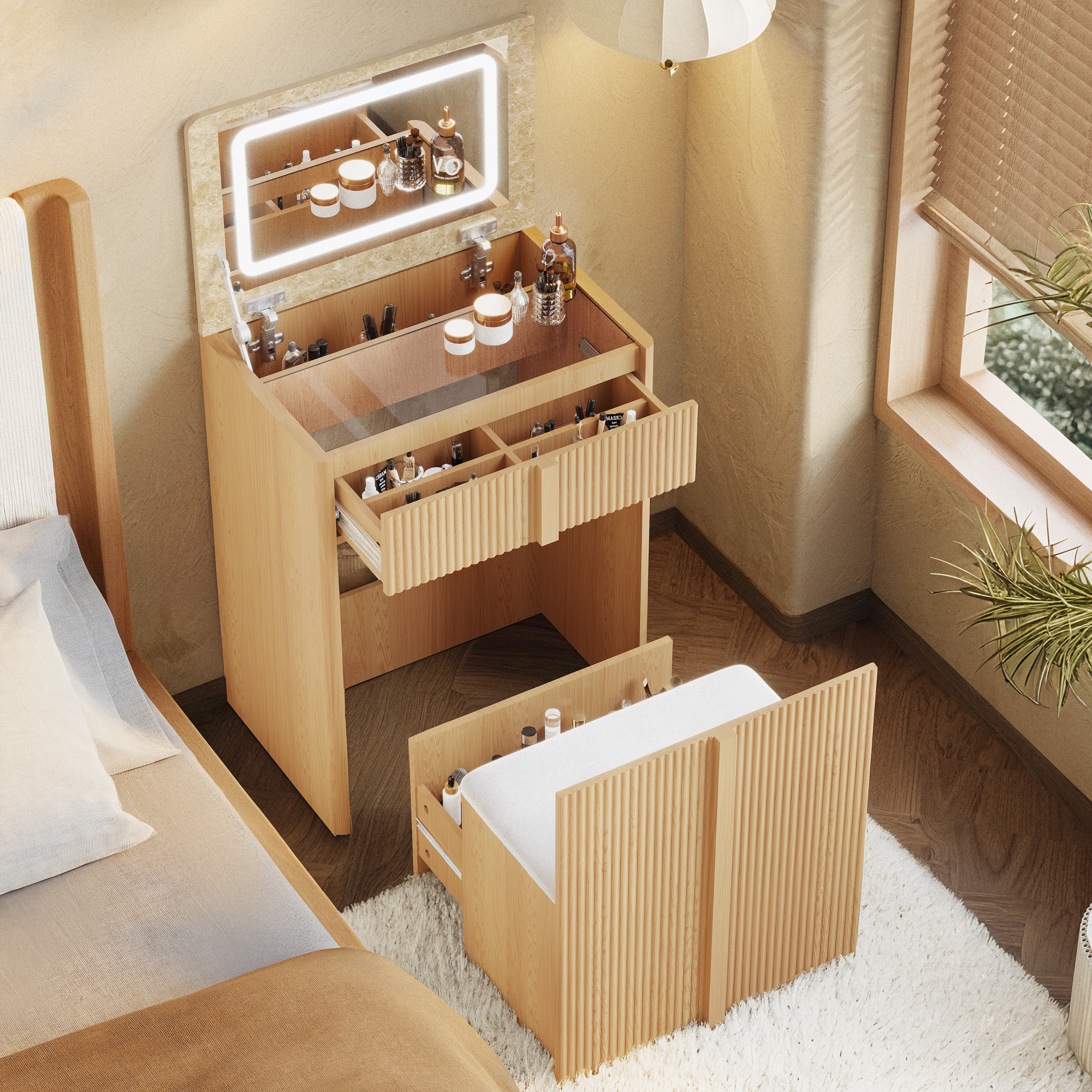 3 in 1 Vanity Desk with Flip Top Mirror and Led Light, 24" Modern Make Up Vanity Set