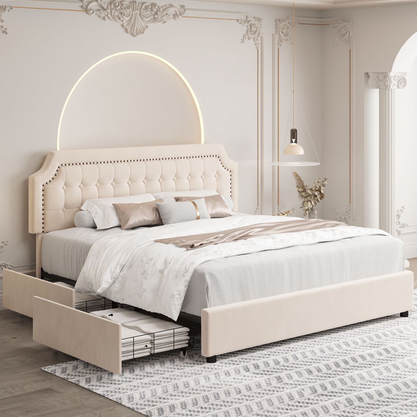 Bed Frame with Notched Corners and Button-Tufted Nailhead Trim