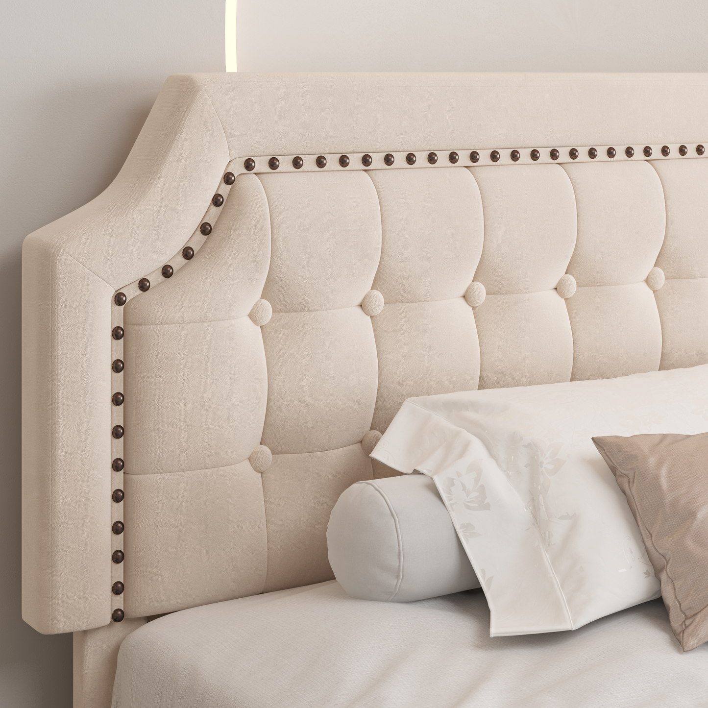 Bed Frame with Notched Corners and Button-Tufted Nailhead Trim