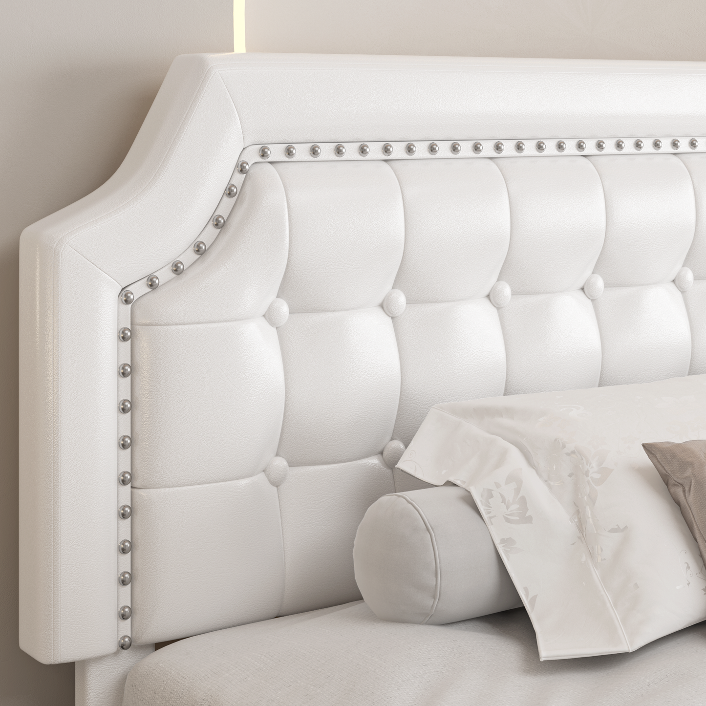 Bed Frame with Notched Corners and Button-Tufted Nailhead Trim