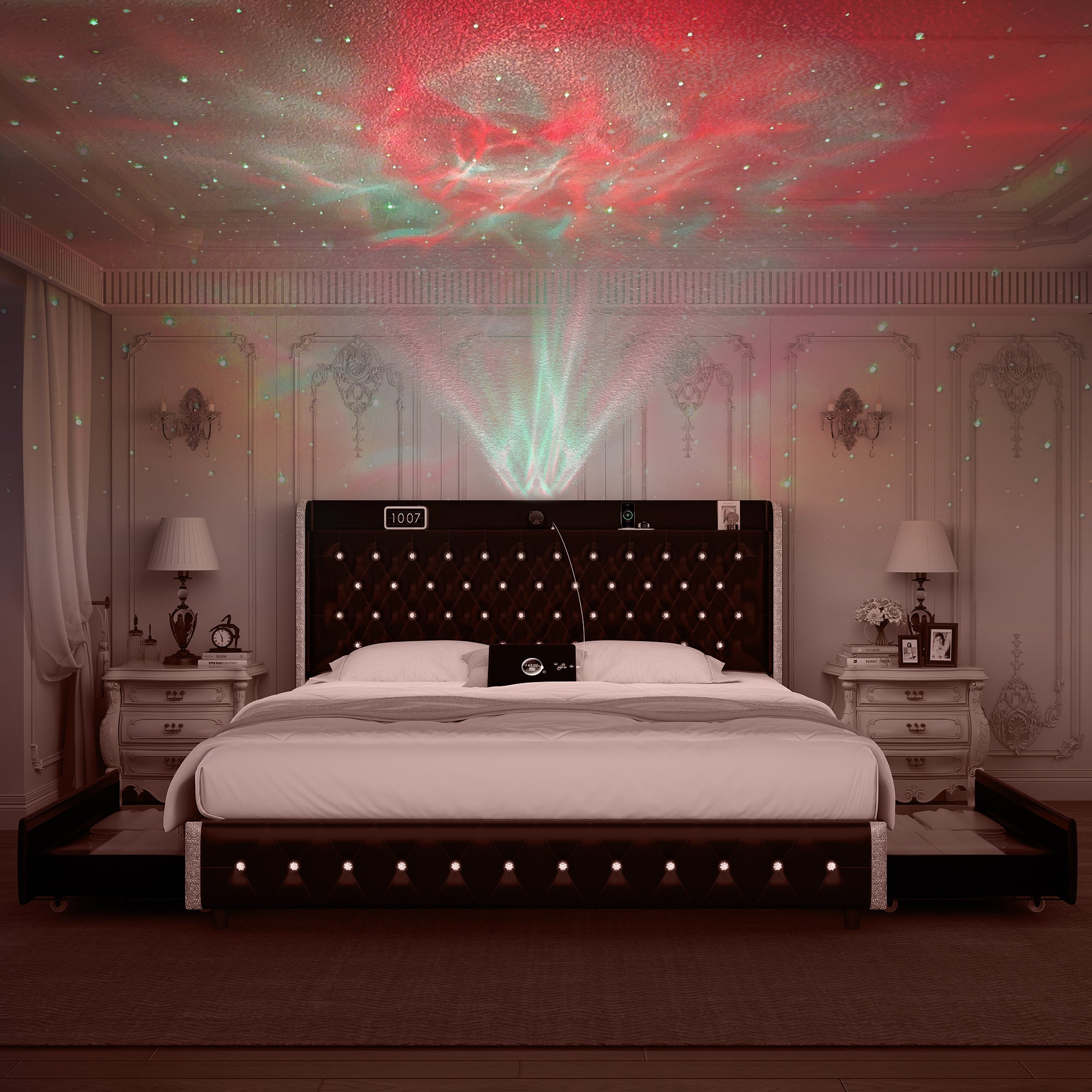 Music Galaxy Light Bed Frame with Side Panels and Drawers