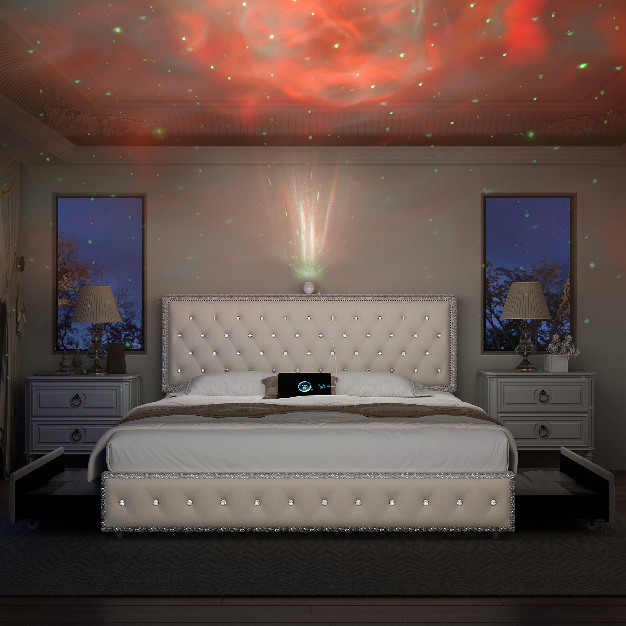 Music Galaxy Light Bed Frame with Drawers