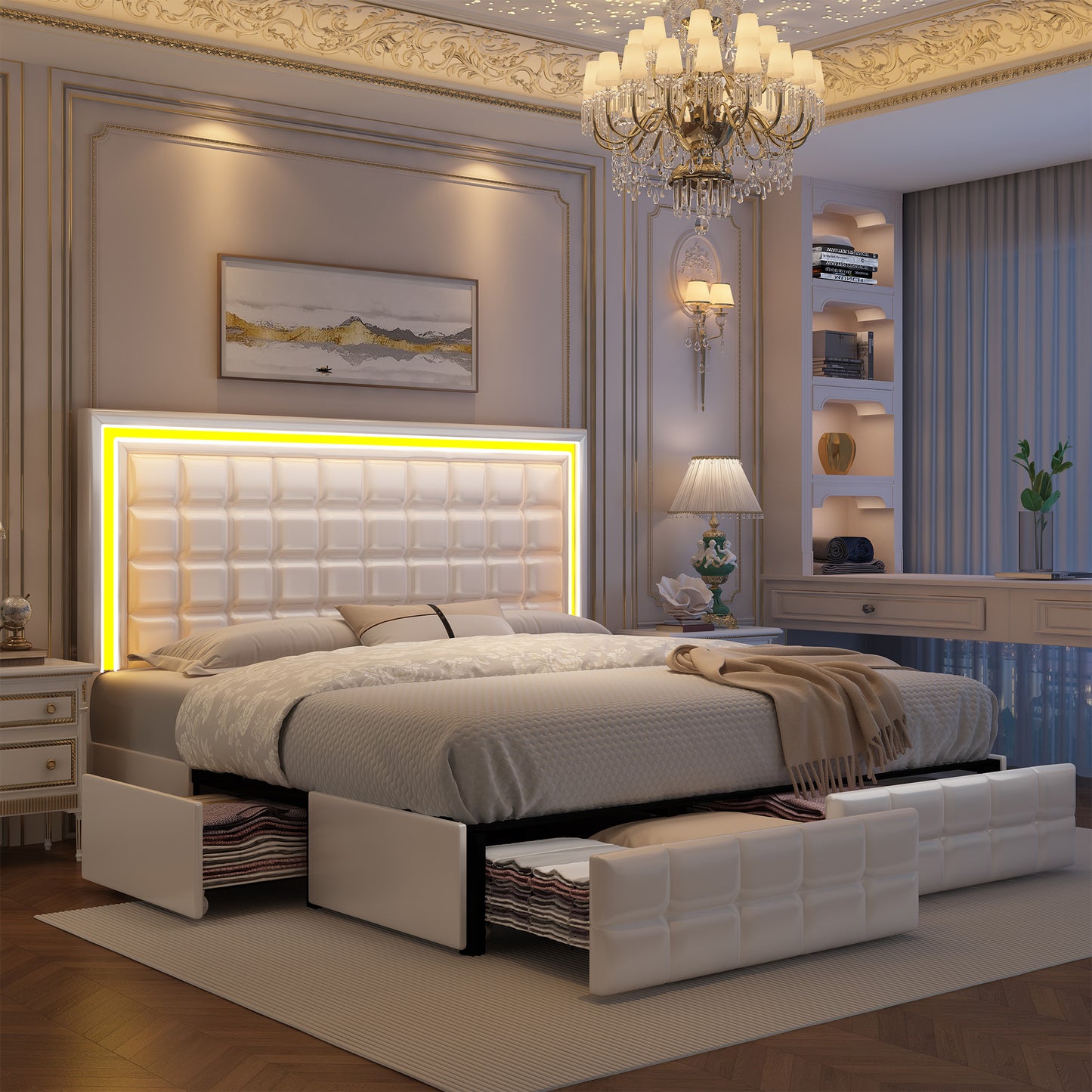 Square Grid Headboard LED Bed Frame