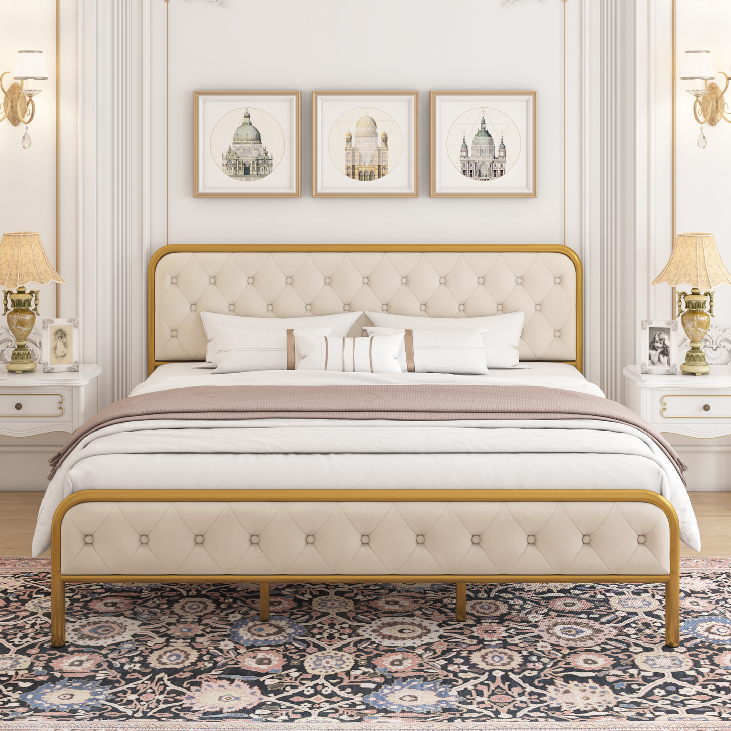 Curved Gold Bed Frame with Elegant Metal Accents