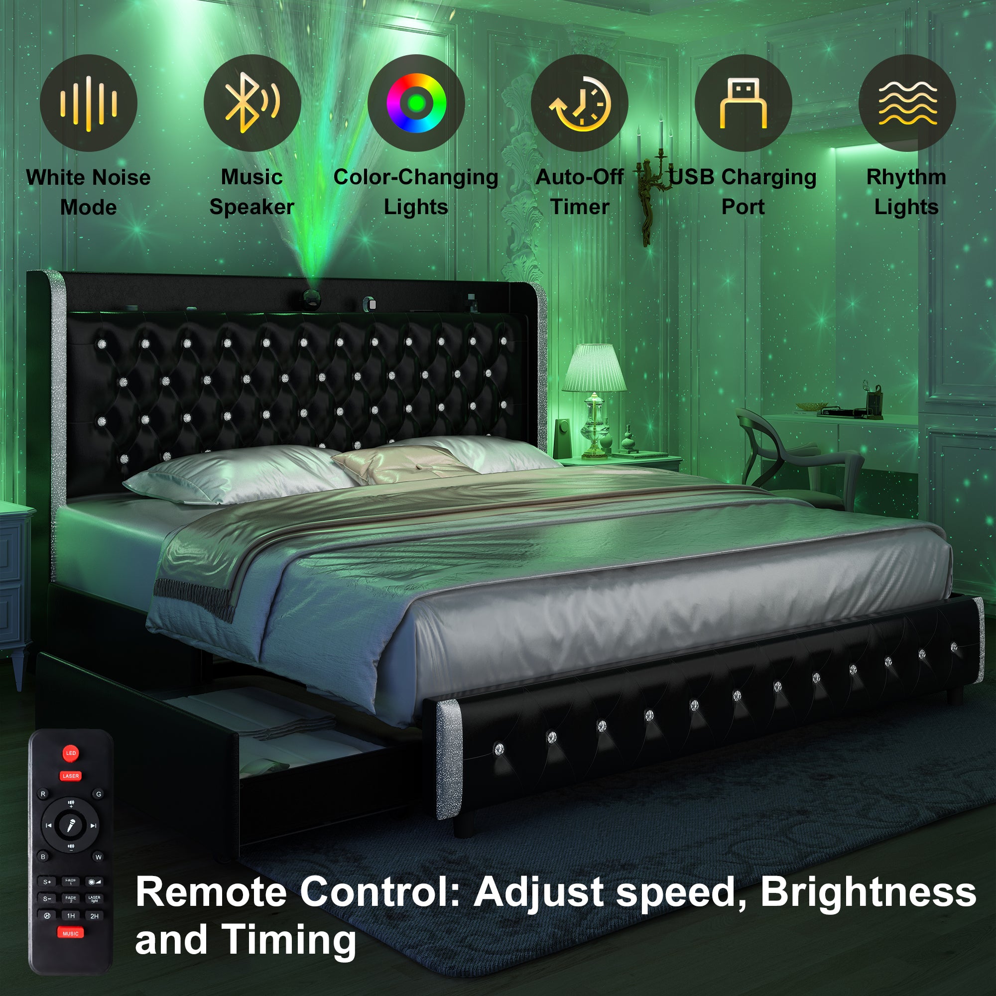 Music Galaxy Light Bed Frame with Side Panels and Drawers – GEGOFORU