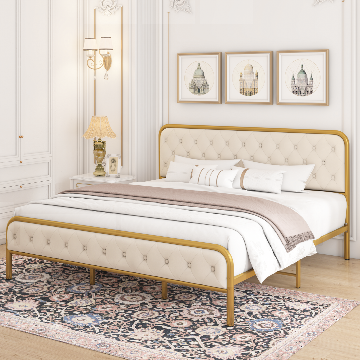 Curved Gold Bed Frame with Elegant Metal Accents