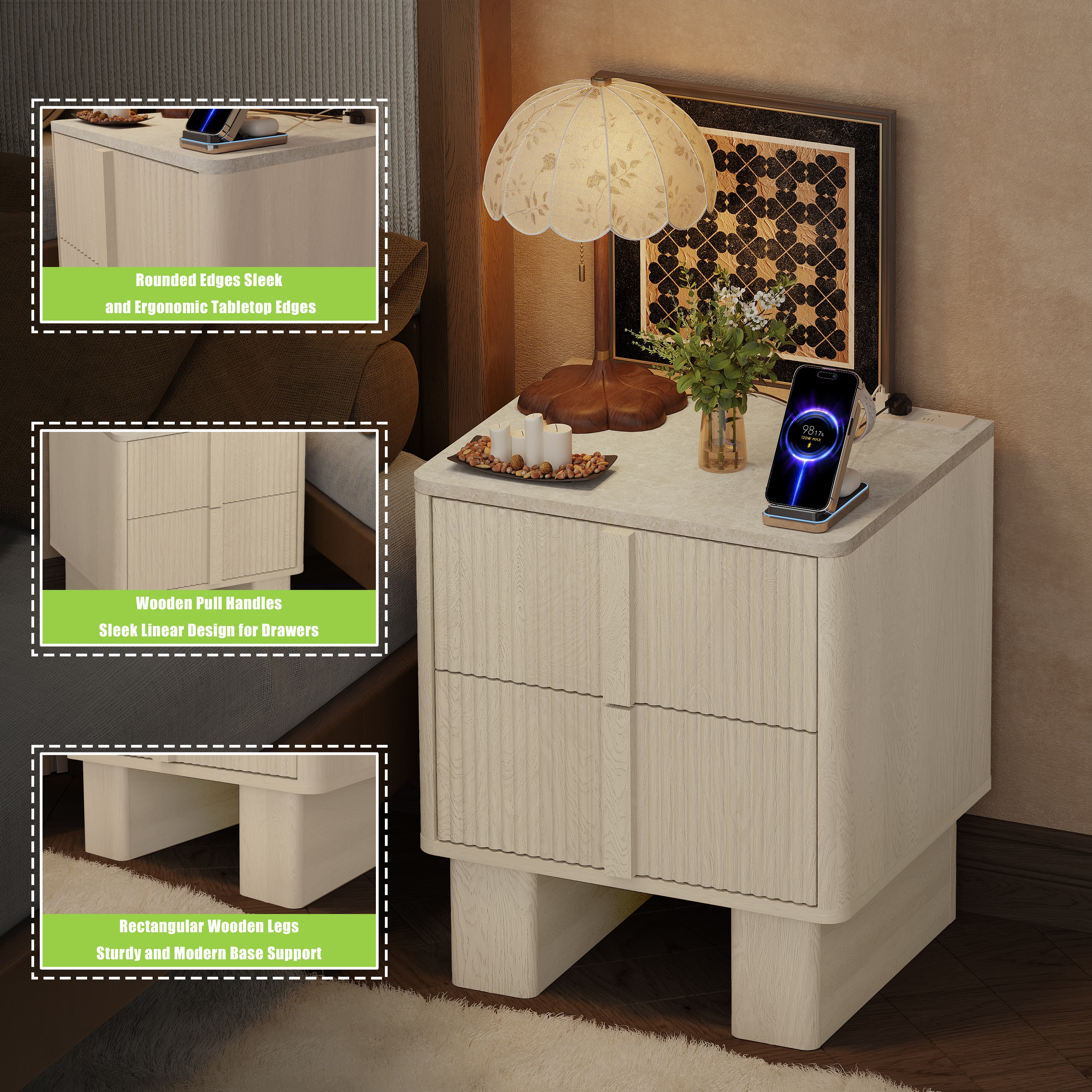 Fluted Night Stand with Charging Station – GEGOFORU