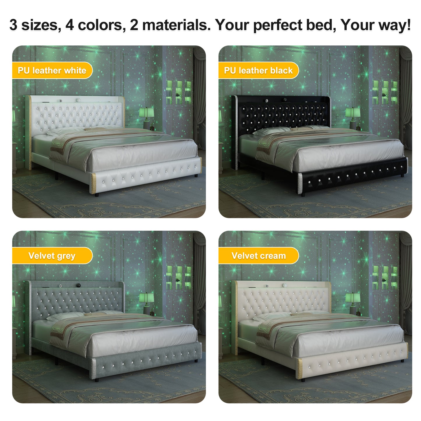 Music Galaxy Light Bed Frame with Side Panels, No Drawers