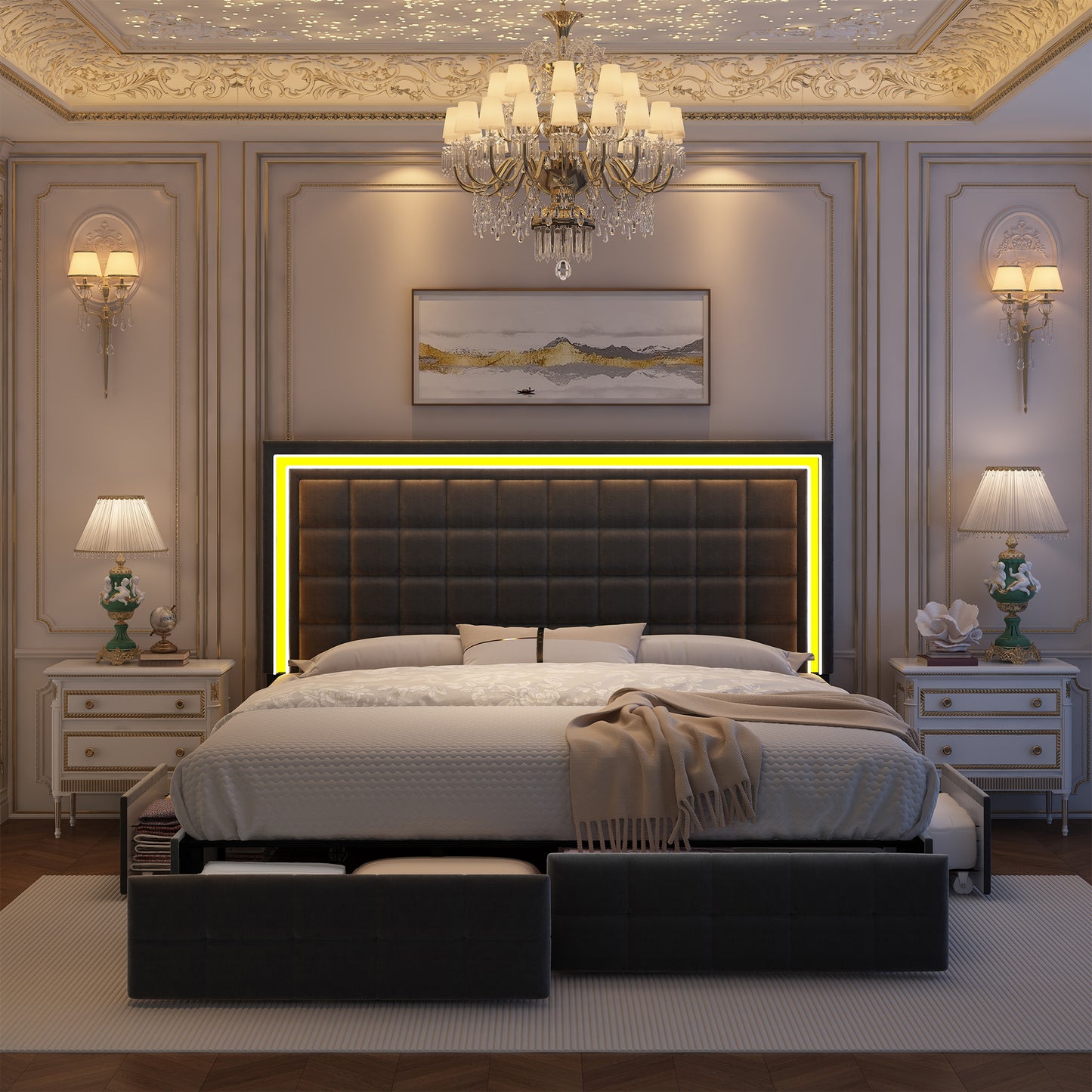 Square Grid Headboard LED Bed Frame