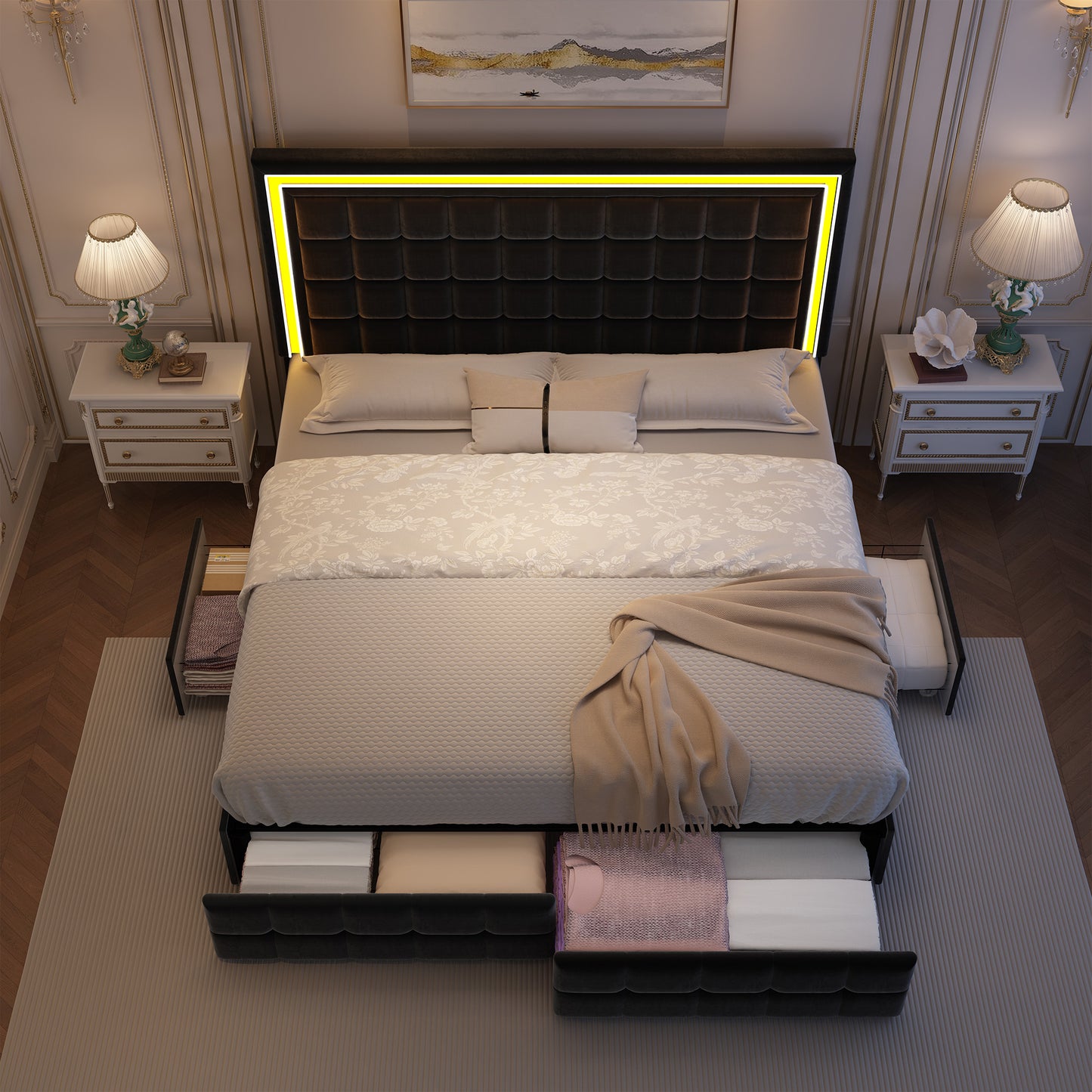 Square Grid Headboard LED Bed Frame