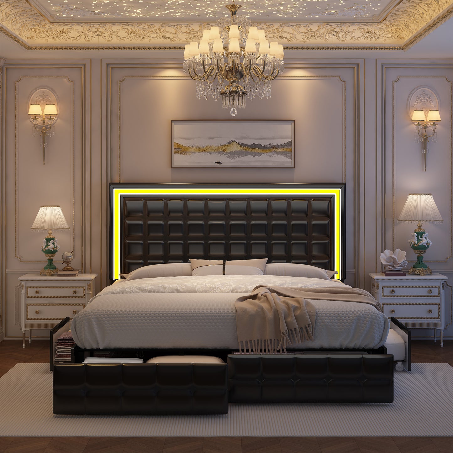 Square Grid Headboard LED Bed Frame